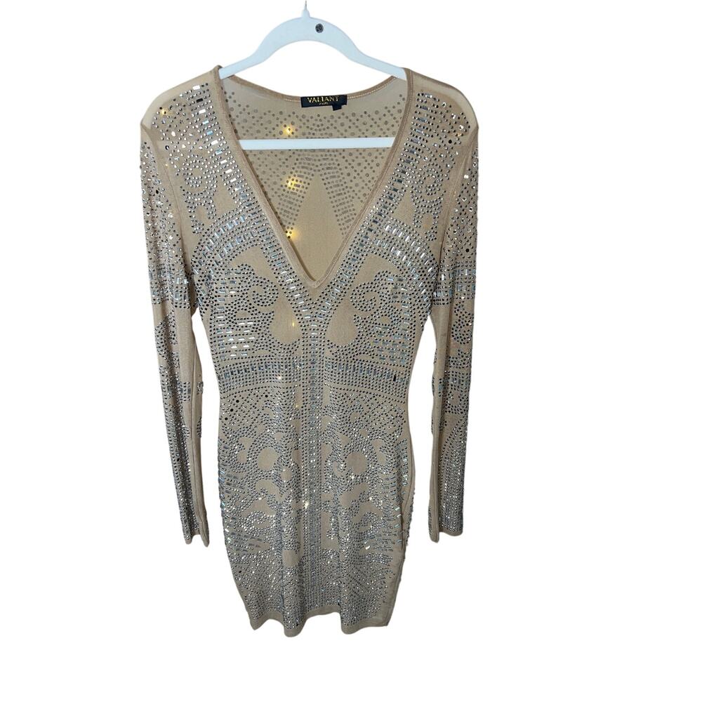 046 Valiant Paris Rhinestone Bodycon Dress Small Nude Beige Long Sleeve V Neck